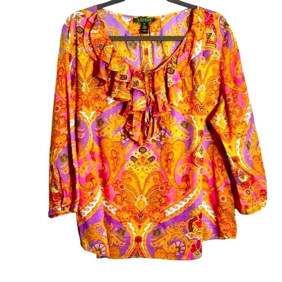 Lauren Ralph Lauren cotton boho multi print bright ruffle blouse XL - Picture 1 of 12